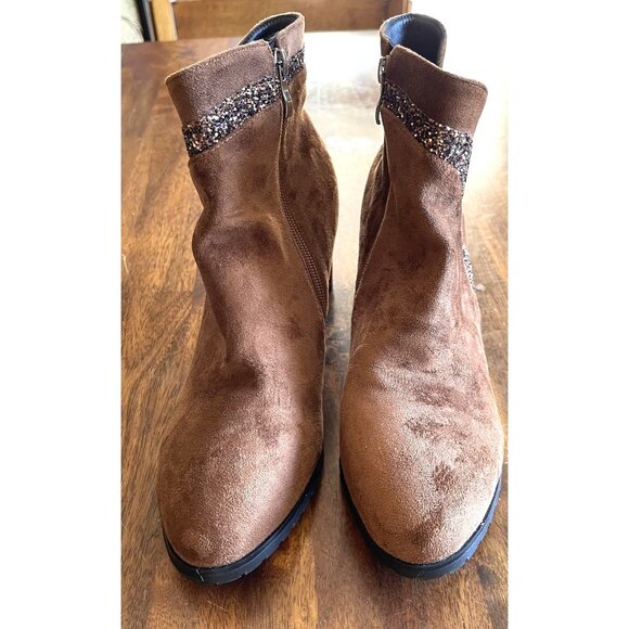 Brown Boots Womens Size 10 Suede & Glitter Ankle Boots Side Zipper & Chunky Heel - Picture 4 of 13